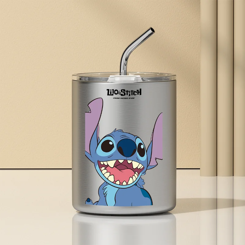 480Ml Kawaii Stitch Angel Couple Coffee Mug with Lid Straw Travel Portable  Cartoon Anime Water Bottle 304 Stainless Steel Cup