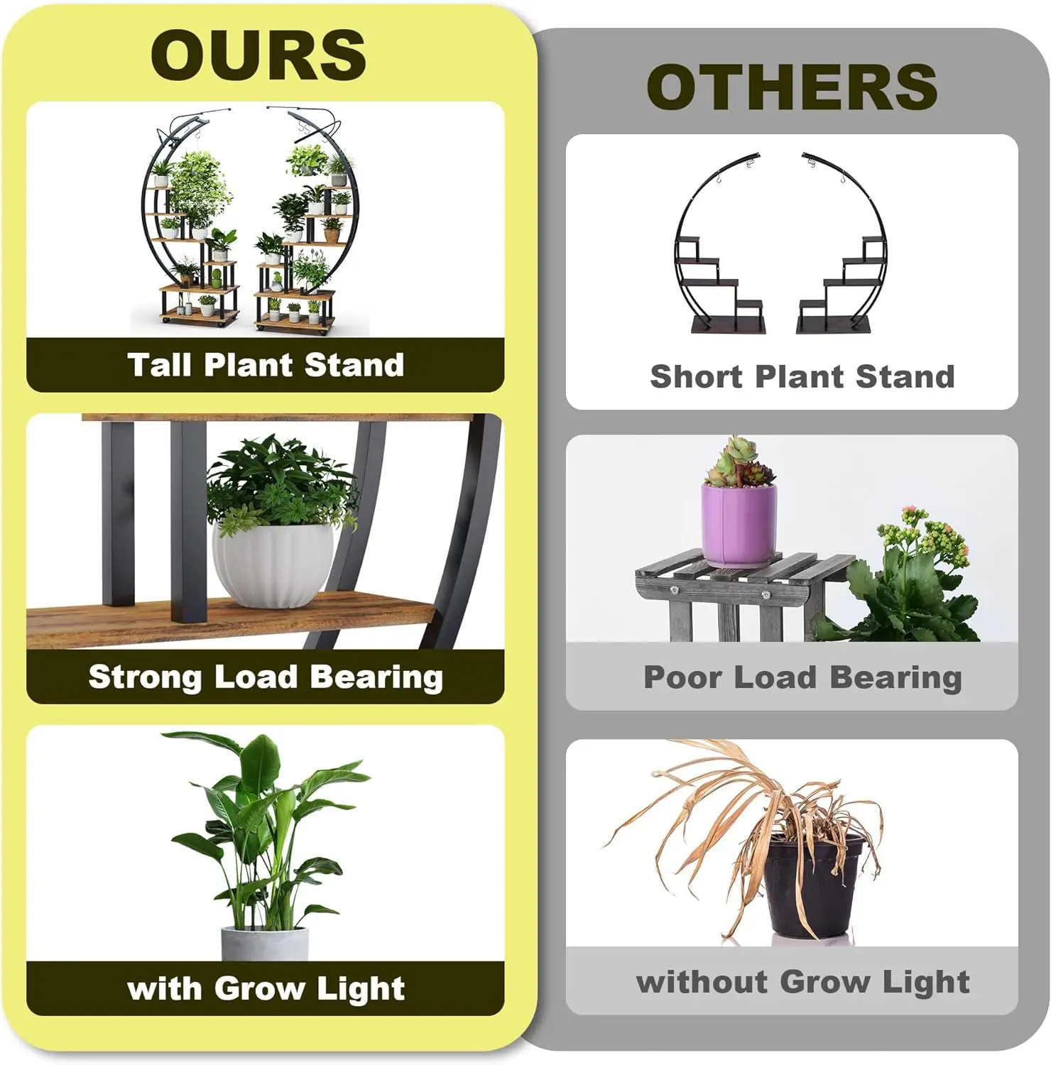 6-Tier Plant Stand with Grow Light – Tall Indoor Ladder Shelf with 4 Hanging Hooks