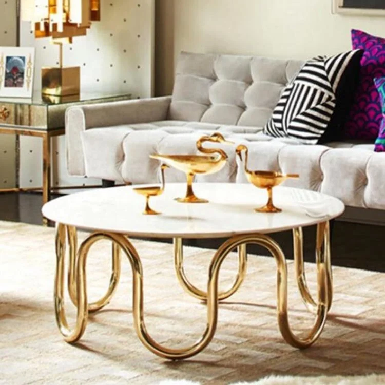 Coffee Table On Top Stainless Steel Gloss Legs Marble Golden Living Room Furniture Modern Coffee Tables Marble & Gold Round