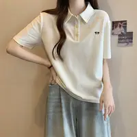 Pink Woman 100℅ Cotton Tshirt Embroidery Polo Neck T Shirt for Women Korean Clothing Y2k Fashion High Quality Youthful Elegant - Image 4