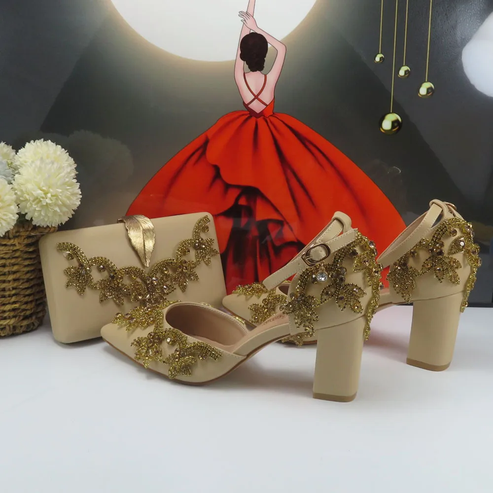 

BaoYaFang Pointed Toe champagne Rhinestone Bridal wedding shoes and Bag Slingbacks Female Ladies Party Shoe Shallow Women Shoes