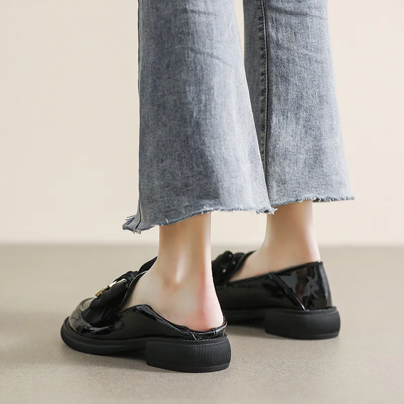 spring women's leather shoes Ladies Casual Loafers british style bow design mid heels work and walk wear pin women loafers shoes
