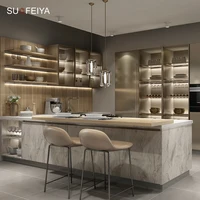 ชุดเฟอร์นิเจอร์ครัวแบบโมดูลาร์สีทองหรูหราทันสมัย พร้อมตู้เก็บของบานกระจก รวมอุปกรณ์อ่างล้างจาน-โครงสร้าง MDF 1