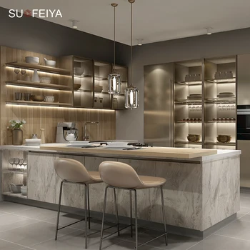 ชุดเฟอร์นิเจอร์ครัวแบบโมดูลาร์สีทองหรูหราทันสมัย พร้อมตู้เก็บของบานกระจก รวมอุปกรณ์อ่างล้างจาน-โครงสร้าง MDF 1