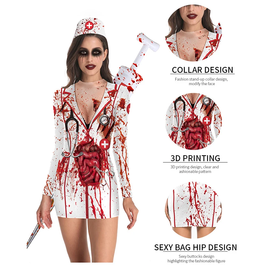Scary Nurse Dress Bloody Women Skeleton Skull Horror Terror Halloween Costume for Women Ghost Carnival Masquerade Disguise