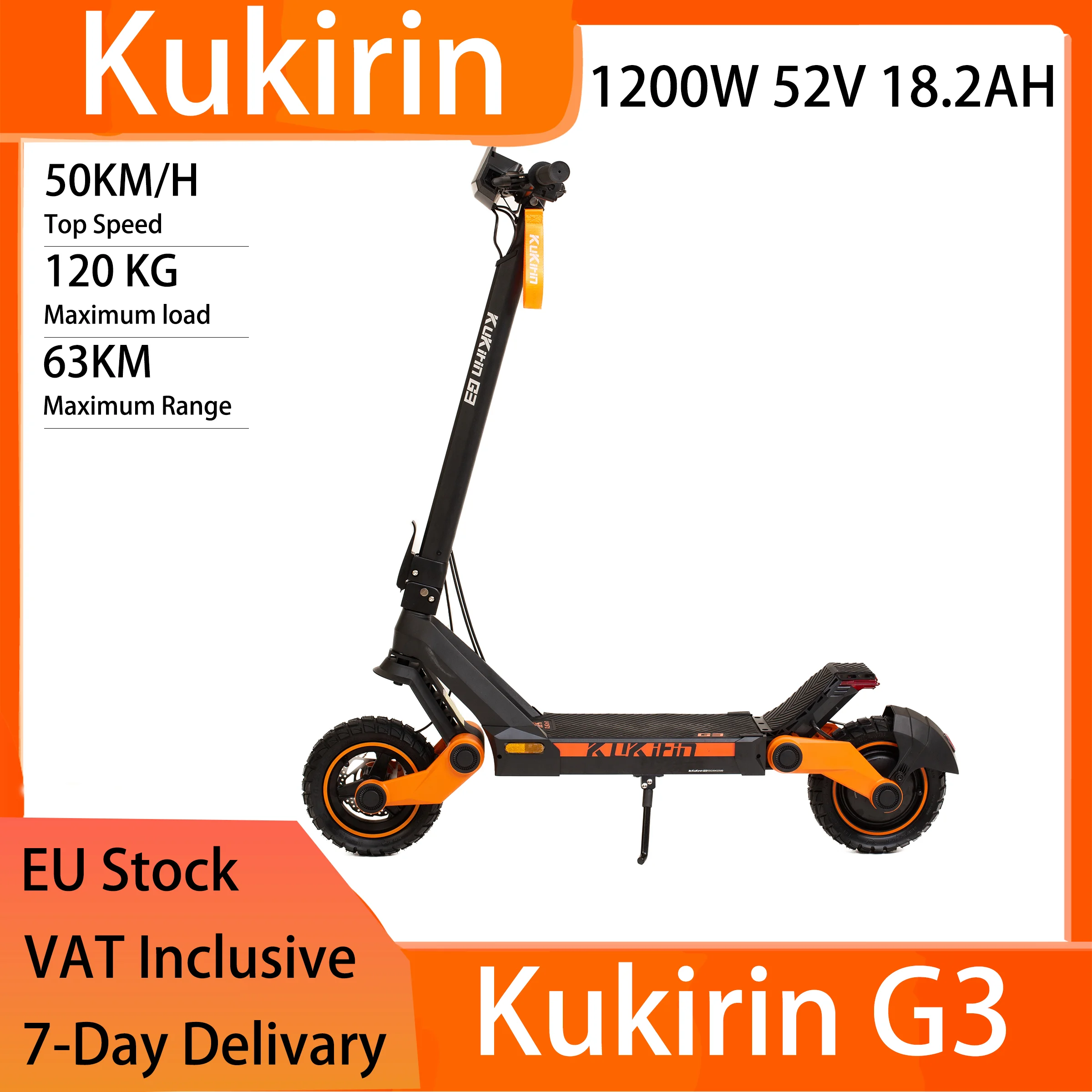 Scooter elettrico pieghevole fuoristrada KuKirin G-Three da 10" - Motore da 1200 W, batteria da 52 V 18,2 Ah, velocità massima 50 km/h, portata 63 km