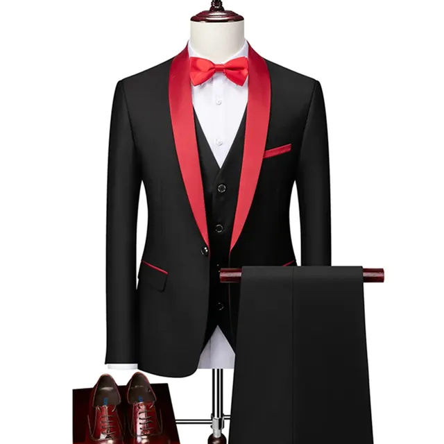 Men Skinny 3 Pieces Set Formal Slim Fit Tuxedo Prom Suit / Male Groom Wedding Blazers High Quality Dress Jacket Coat Pants Vest - 3 Pcs Set Black Red, Asian XXL is US M