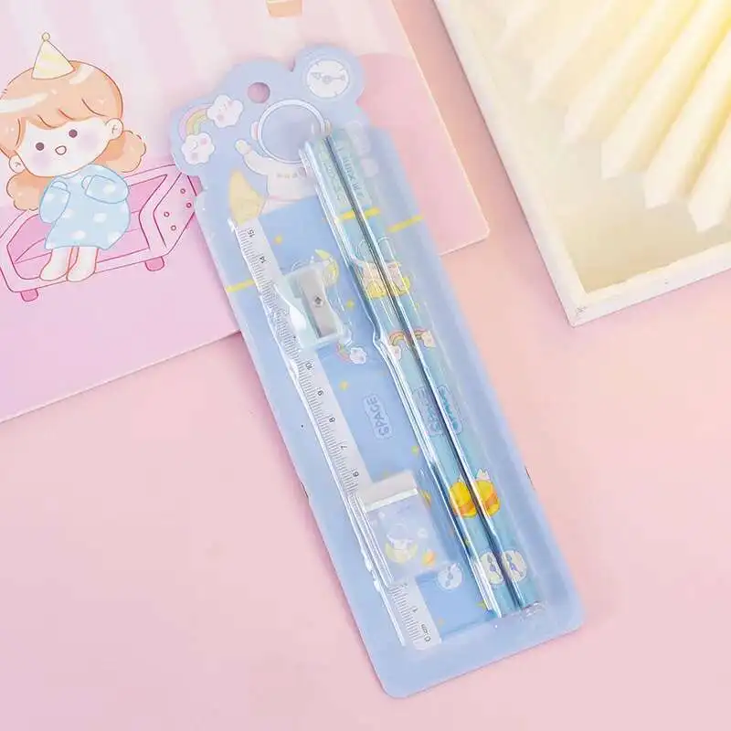 1 Set 4 Piece Stationery School Office Supplies Student Gift Prize Creative Kawaii Pencil Eraser Ruler Pencil Sharpener