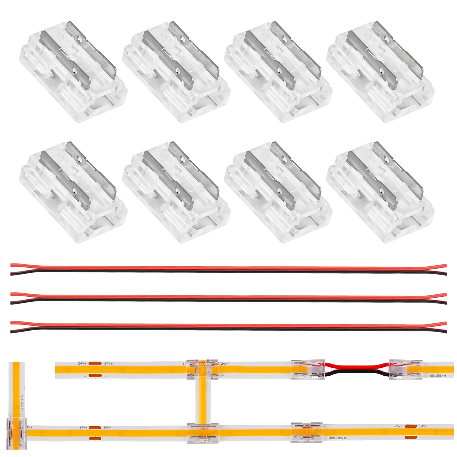 LED Connector Solderless 9 in 1 Transparent Connectors DIY L T X Shape 15cm Wire For 2pin 8mm 10mm COB LED Strip Lights 8pcs