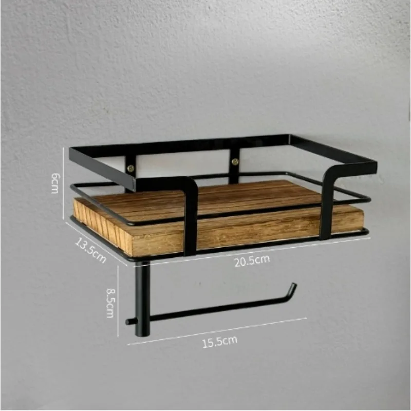 1pcs Wall-Mounted Toilet Paper Holder Solid Wood & Iron Bathroom Hotel Storage Shelf Space-Saving Roll paper Organizer 6