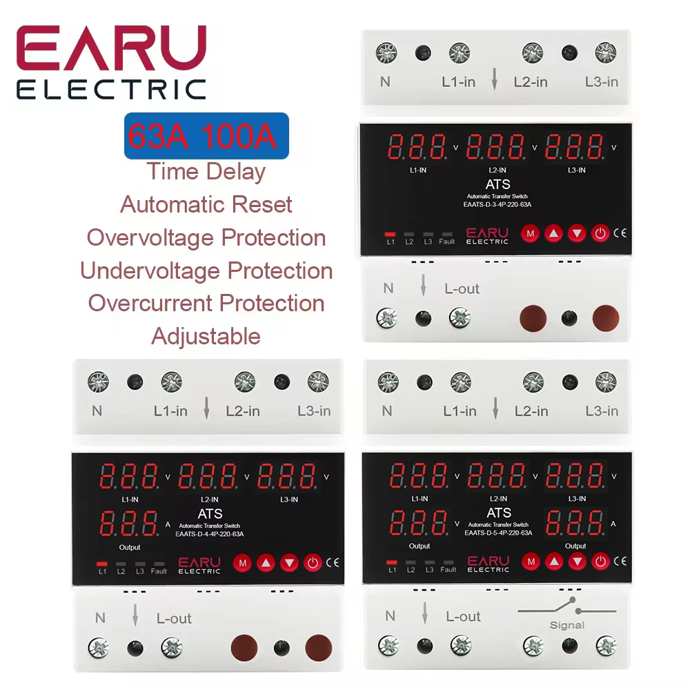 Earu EAATS-D-4-4P-220-100A 3P+N 3 Phase Overvoltage and Undervoltage Protector Earu 63A 100A ATS Automatic Transfer Switch Phase Selector Overcurrent Protection and Uninterrupted Power
