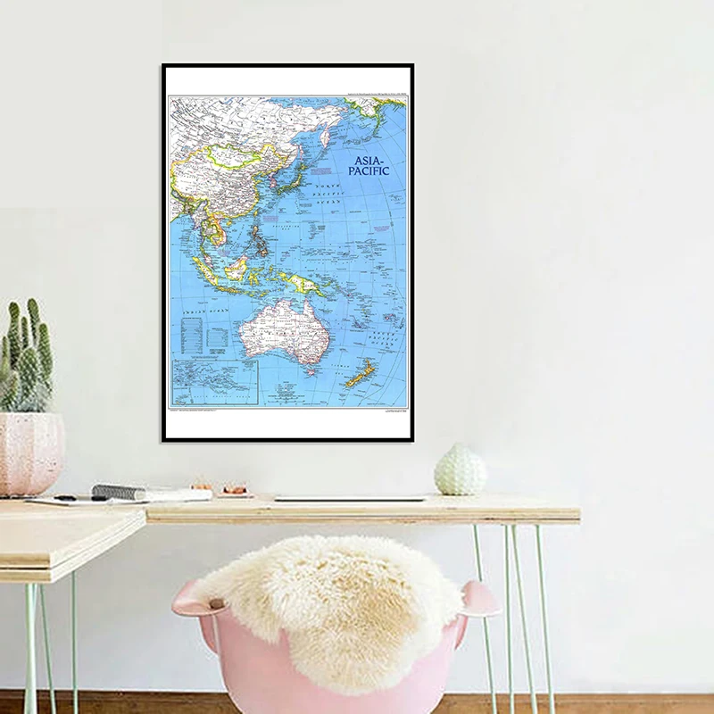 24x36 inches Fine Canvas Hanging Wall Art Painting Printed Map of Asia Pacific For Home Office Decor