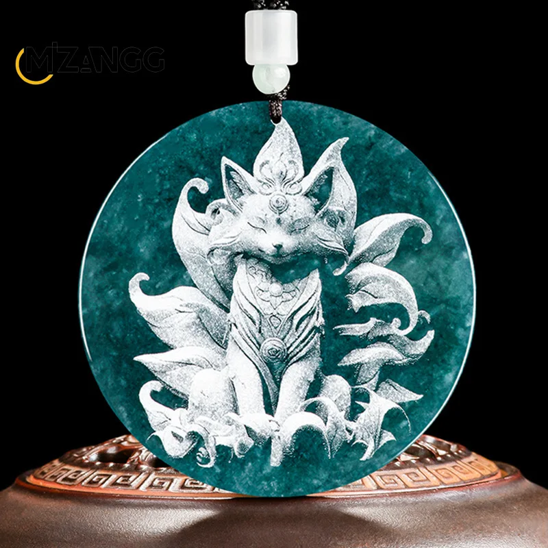 

Natural Jadeite Blue Water Nine-tail Fox Pendant Shadow Carving Dragon Men's and Women's Jade Necklace Custom Exquisite Jewelry