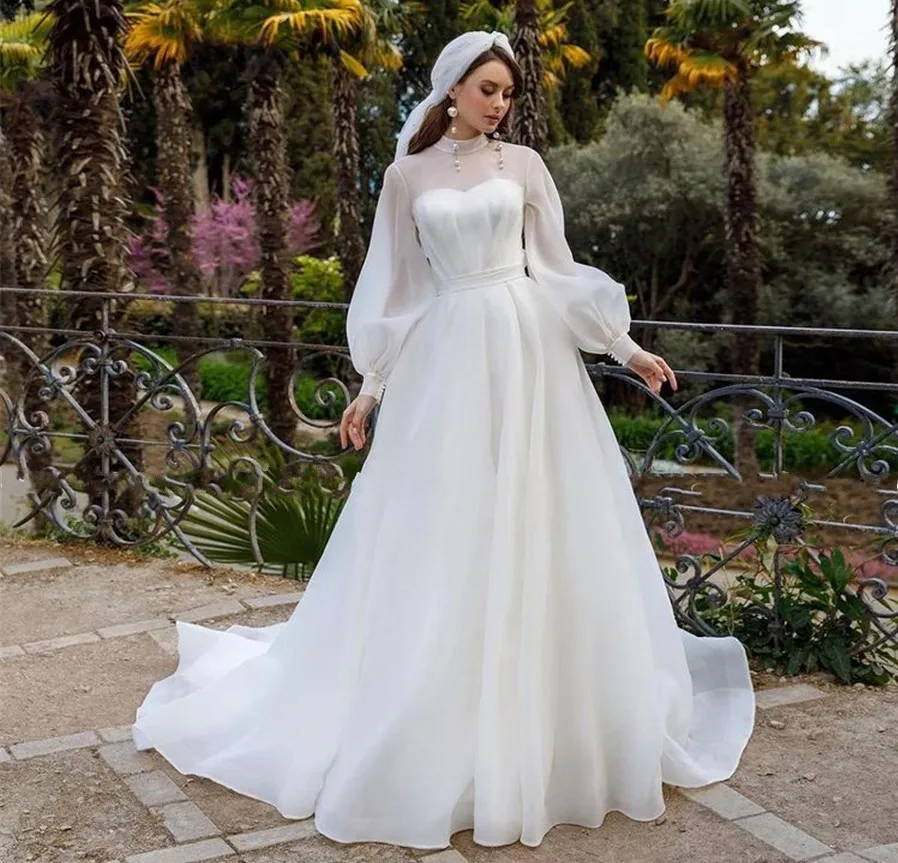 

2024 Elegant A-line Organza Wedding Dress High Illusion Neck Long Puffy Sleeves Buttons Bridal Gowns Vestidos De Novia