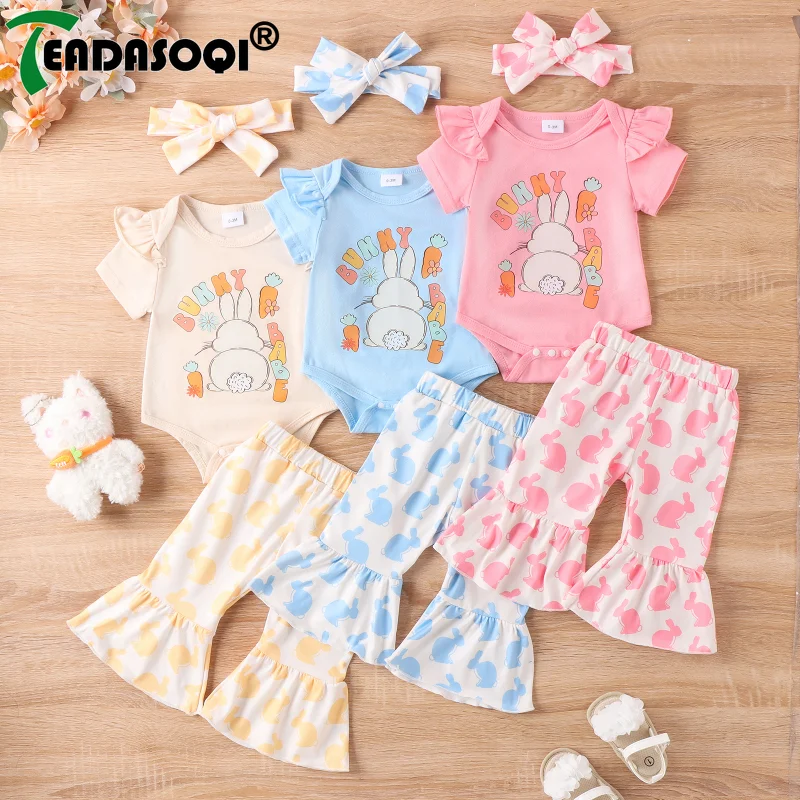 

0-18M Newborn Baby Girls Summer Outfit Cartoon Bunny Prints Short Sleeve Bodysuits Top+Flare Pants+Headband Kids Infant 3Pcs Set