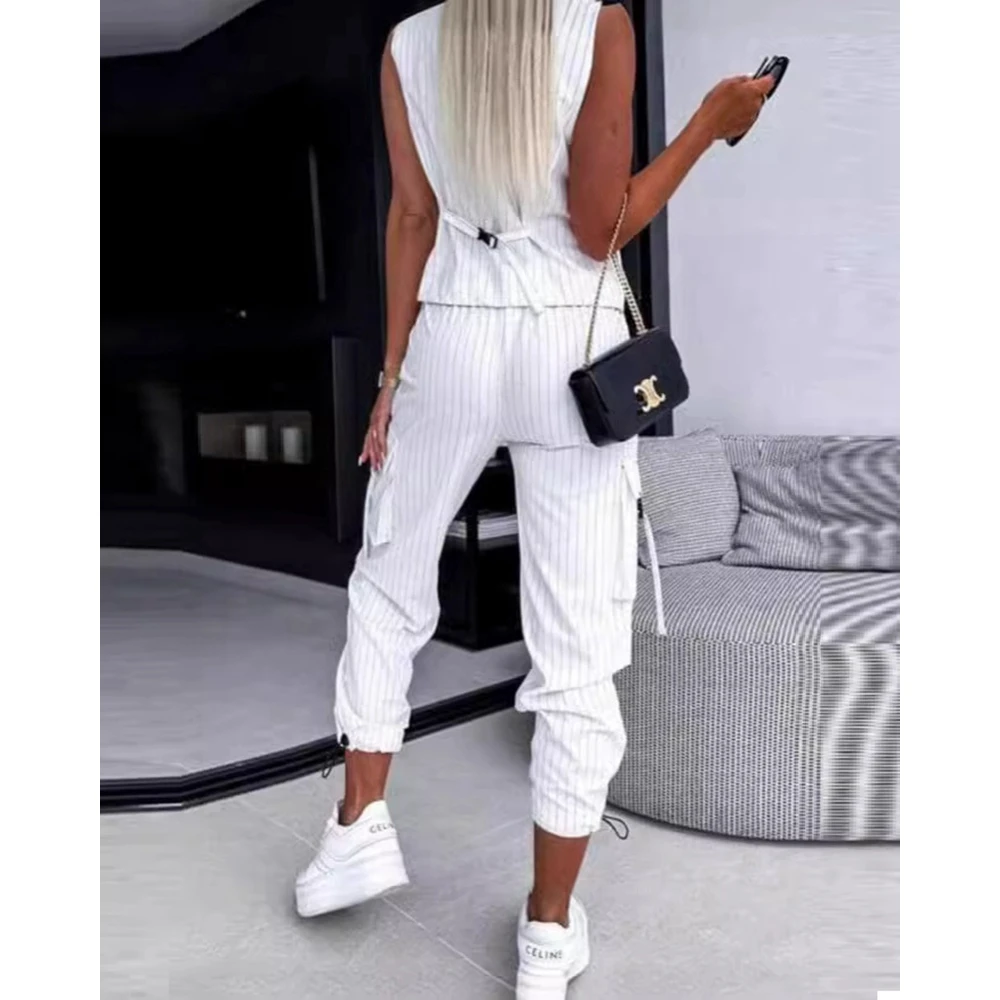 Women Suits Casual Striped Print V-Neck Vest & Pants Set Femme Summer Ensembles 2 Piece Set Business Attire for Women Workwear