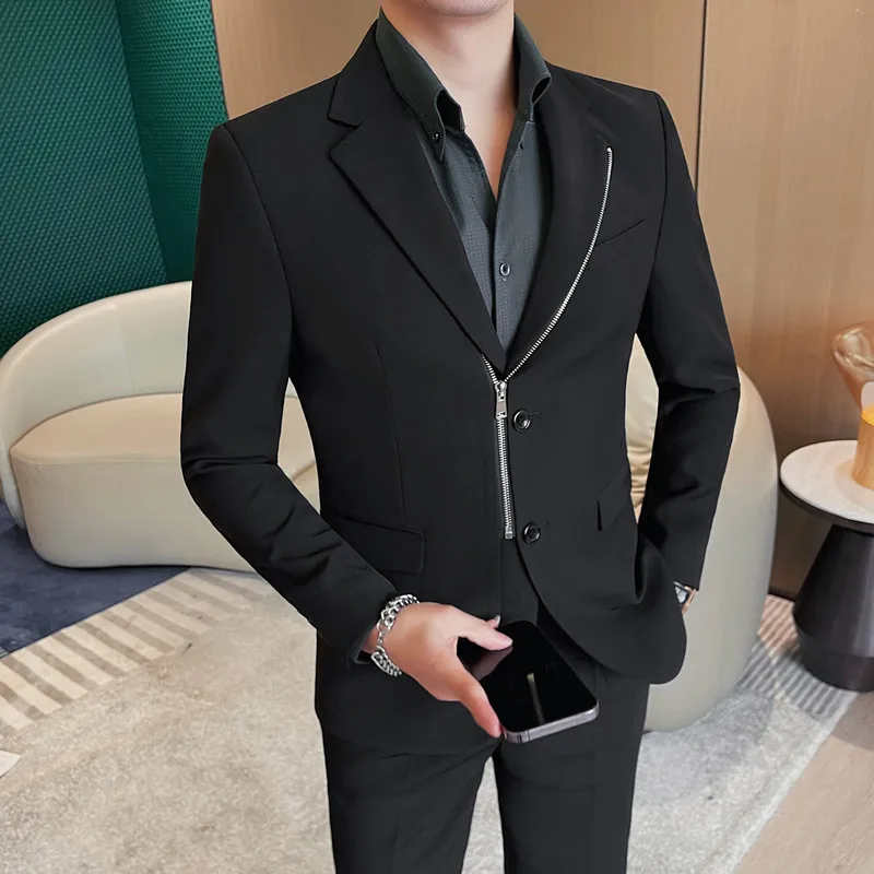 Zipper Men Blazers Spring Business Casual Suit Jacket Slim Office Social Dress Coat Wedding Groom Men Clothing