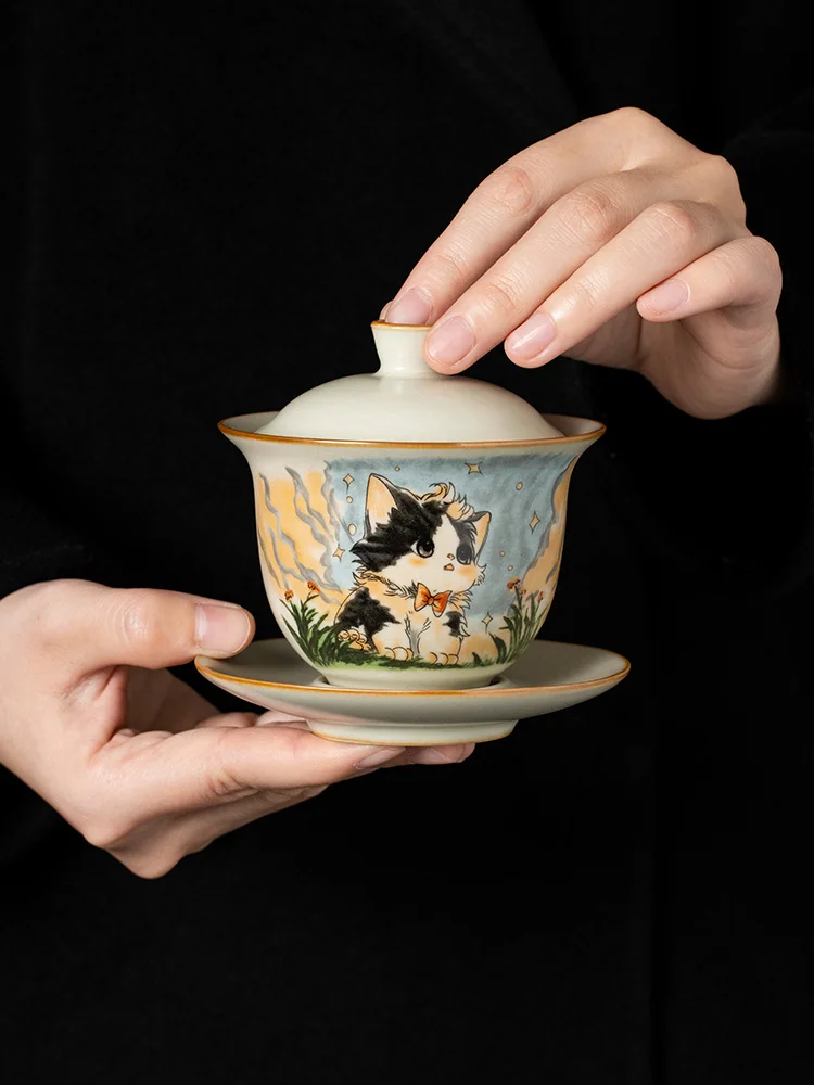 High-quality Retro Ru Kiln Cute Cat Tea Tureen Ceramic Sancai Cover Bowl Tea Maker Gaiwan Can Raise Kung Fu Teaware