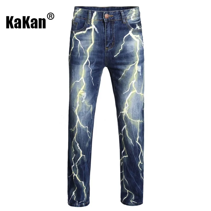 

Kakan - Original European and American Personality Lightning Ripped Jeans for Men, 3D Digital Printed Denim Pants K87-F820