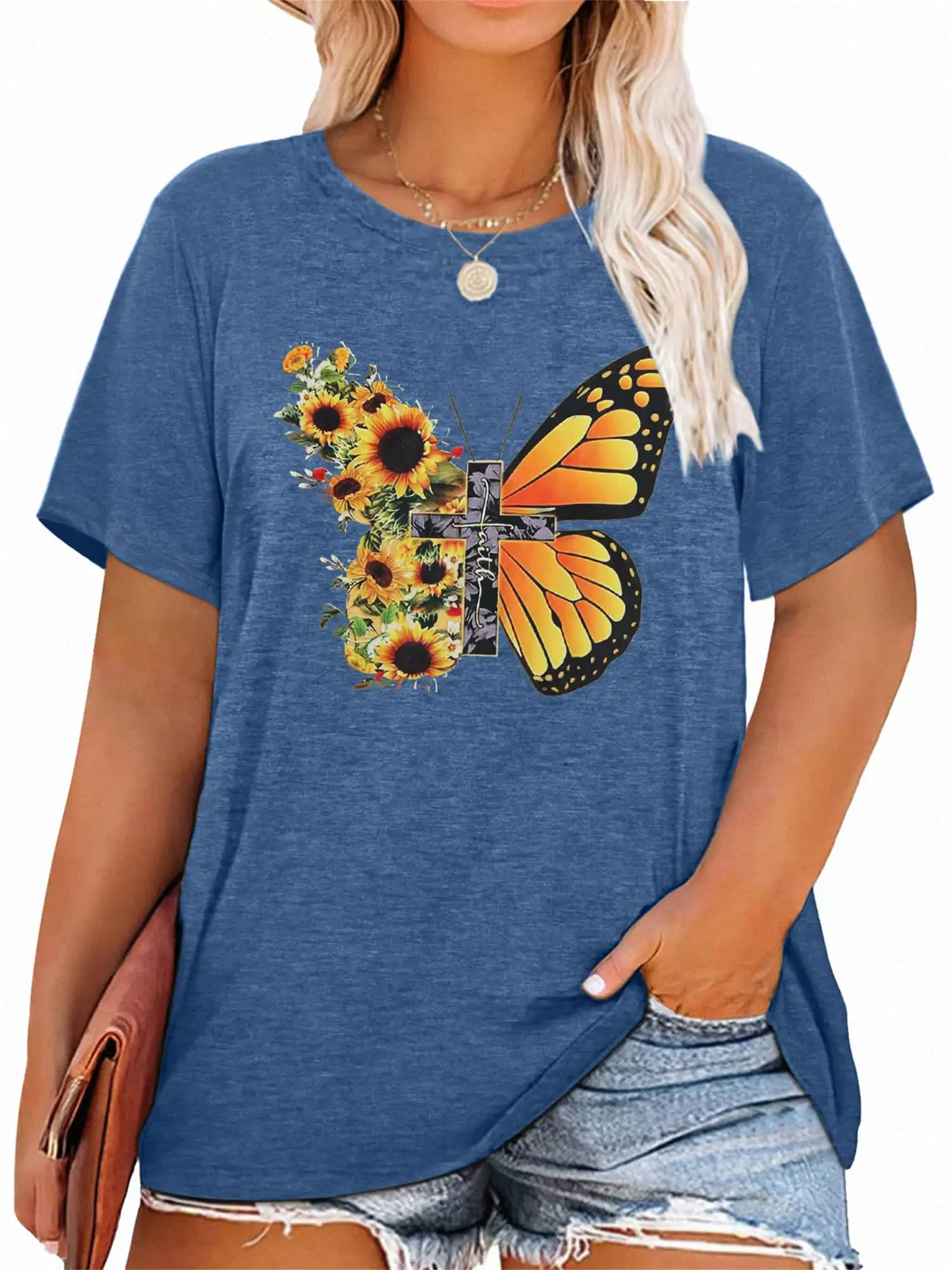 Butterfly Shirt Plus Size Camping Women Graphic T Shirts Sunflower