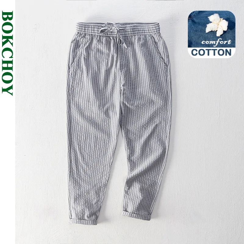 

Spring Summer New Men Cotton Striped Pants Loose Solid Color Drawstring Simple Casual Straight Khaki Trousers L8105