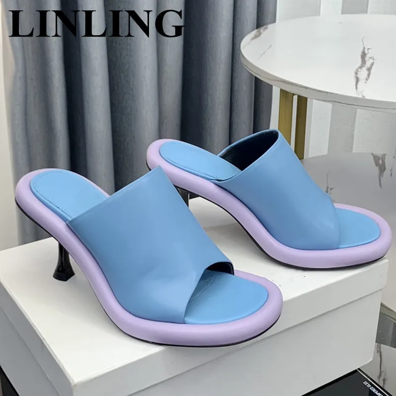

Fashion Leather High Heels Slipper For Women Summer Outdoor Beach Slides Stripper Party Sandal Ladies Slip On Mules Shoes 2023