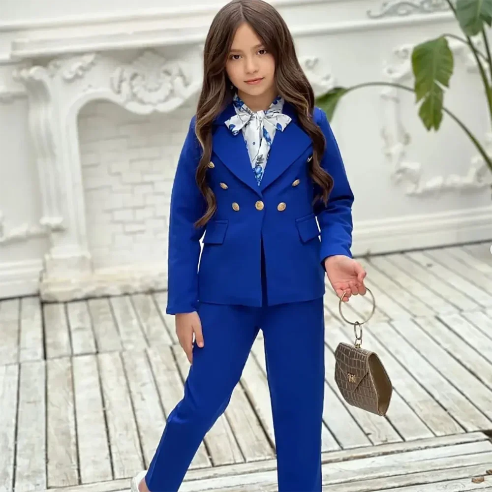 High Quality Royal blue Girls Blazer Double Breasted Lapel Kids Jacket+Pants Loose Formal Teenage Casual Outfits