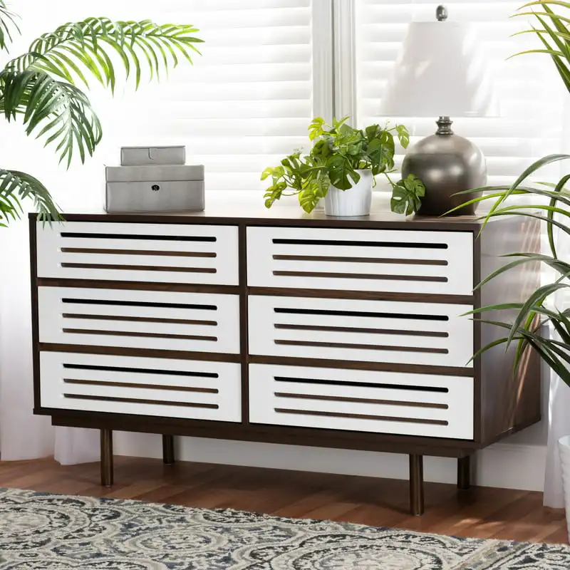 

Mid- Two-Tone Walnut Brown and White Finished Wood 6-Drawer Dresser