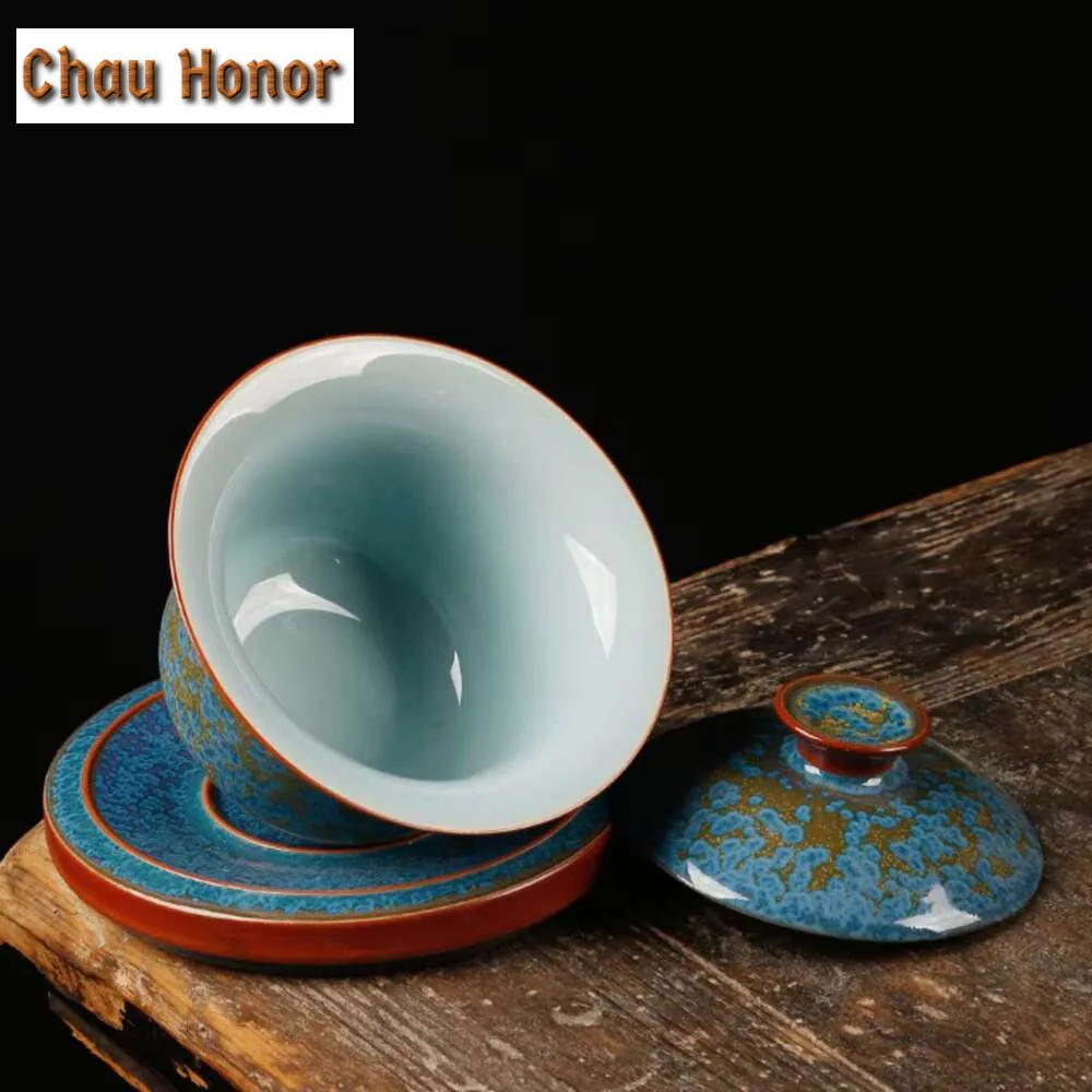 160ml Emerald Blue Jade Kiln Change Gaiwan Boutique Tea Tureen Household Tea Making Cover Bowl Teaset Accessories Decoration