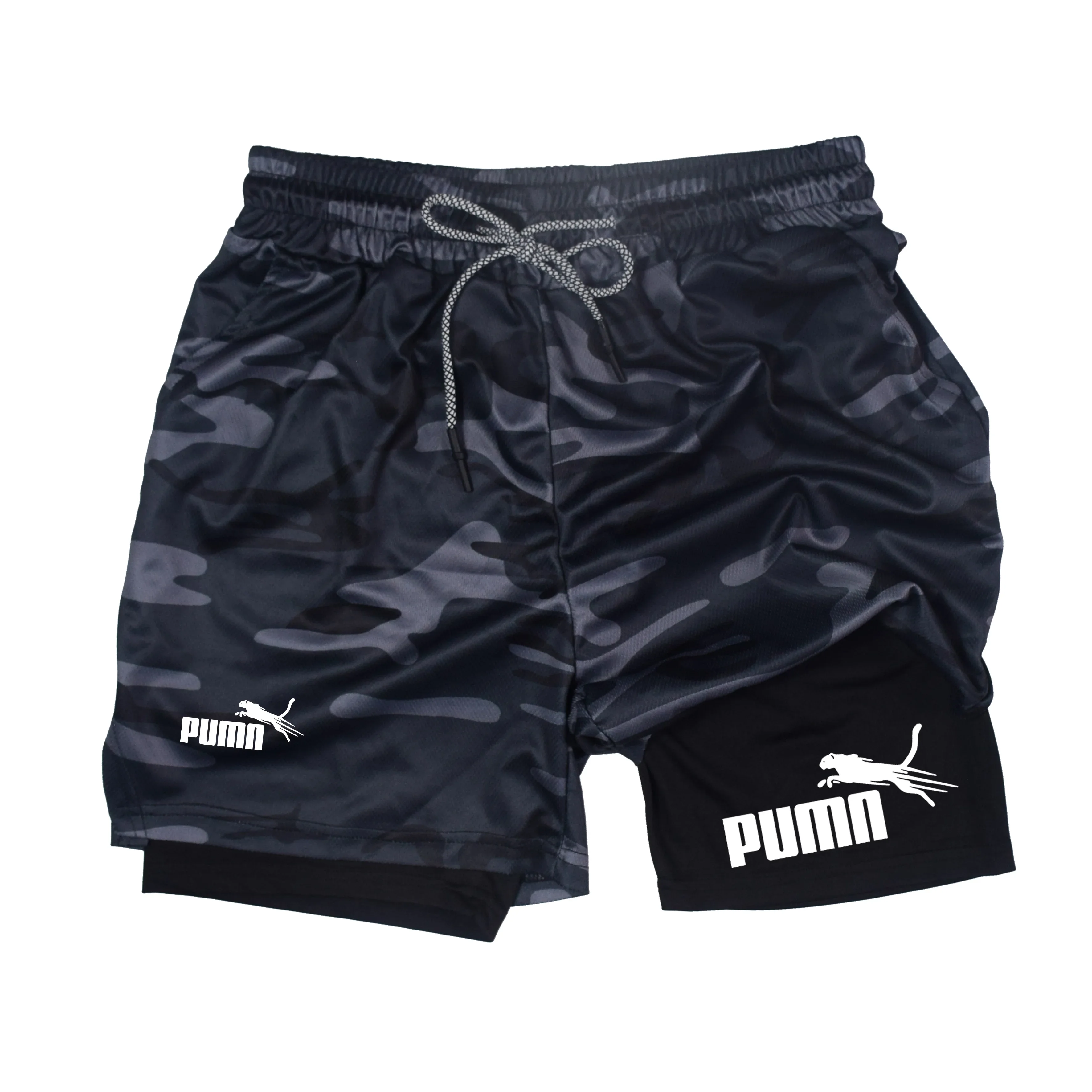 Sommer Atmungsaktive Doppellagige Shorts für Herren Lose Lässige Elastische 2-in-1 Kompressions-Shorts Schnelltrocknende Multifunktionale Shorts