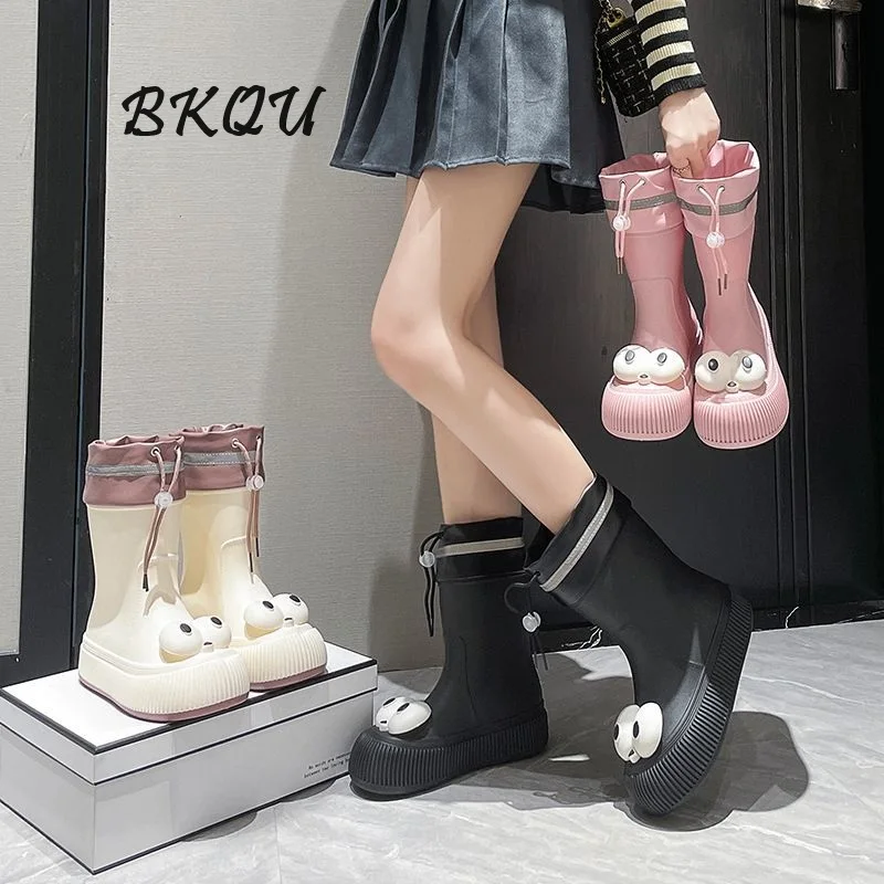 BKQU 2024 Cute Plus Fleece Adult Fashion Outside To Wear Cute Middle Anti-slip Rain Boots Wear-resistant Waterproof Rubber Shoes