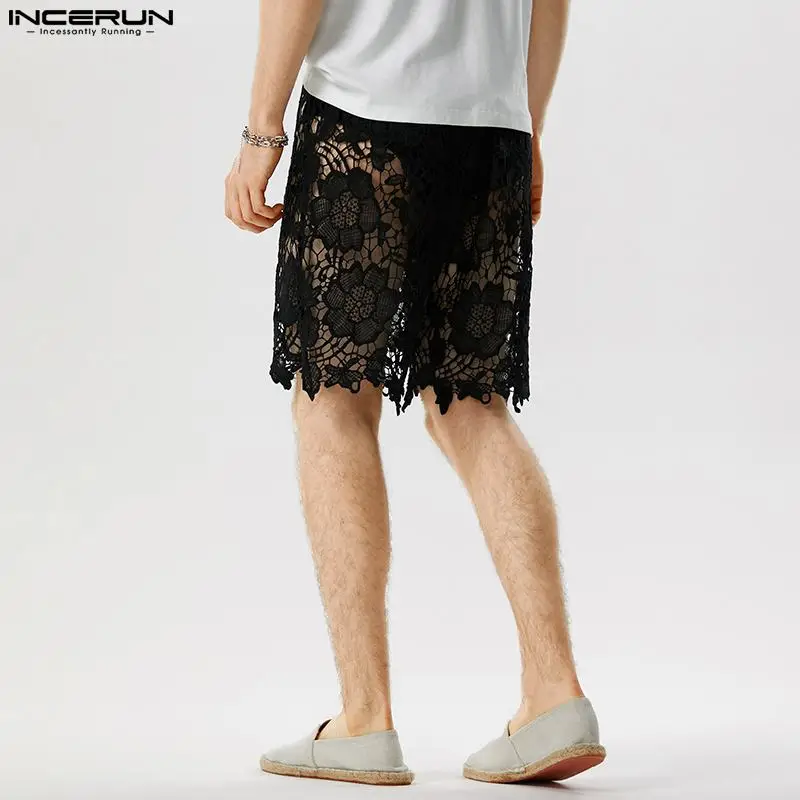 INCERUN American Style Men's Lace Printed Hollow Design Shorts Casual Party Show Hot Selling Sexy See-through Mesh Shorts S-5XL