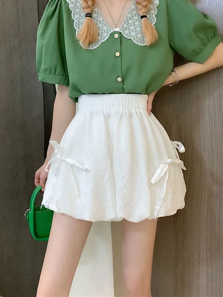 2024 Sweet Fashion Loose Bloomers Shorts Women High Waist Korean Preppy Style Short Pants Casual Design All Match Solid Shorts