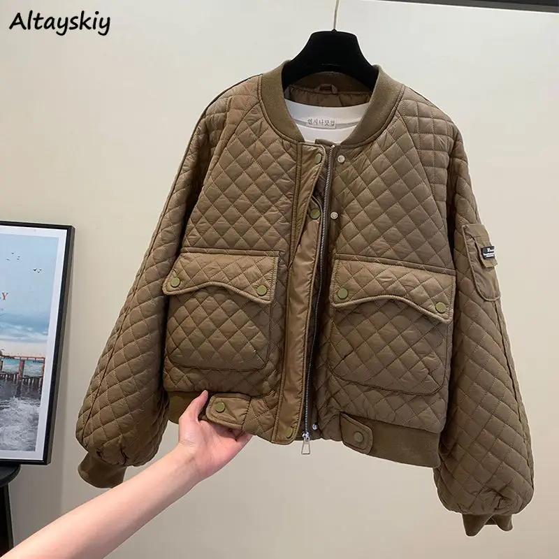 

Vintage Argyle Cropped Parkas Women Casual Pocket Winter Female Solid Coats Loose All-match Warm Fashion Street Zipper Jacket