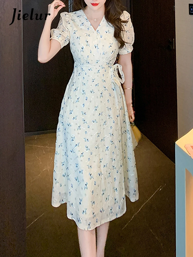 Jielur Embroidered V-neck Floral Dress Women's New French Elegant Lady  Dress Short Sleeved One Piece Strapping Fashion Dresses - AliExpress  200000345