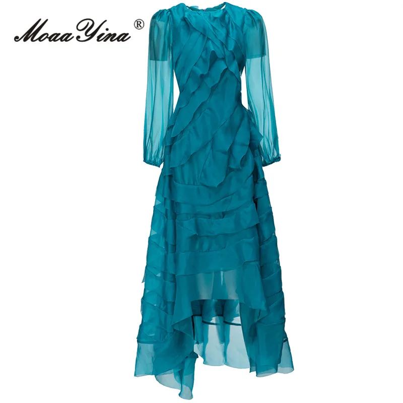 

MoaaYina, летнее модное дизайнерское светильник, синее винтажное вечерние, женское платье с круглым вырезом и длинным рукавом, каскадные оборки, Асимметричные Длинные платья