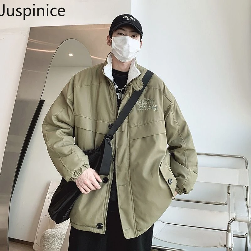 American Stand-up Collar Embroidered Retro Cotton-padded Coat Winter Causal Loose High Street Workwear Parkas Male Clothes