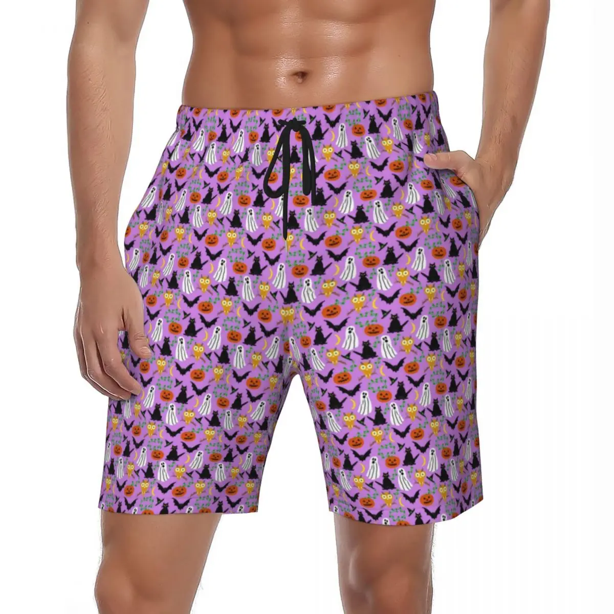 

Halloween Owl Gym Shorts Summer Ghosts Bats Pumpkins Stylish Beach Shorts Male Sports Quick Drying Printed Beach Trunks