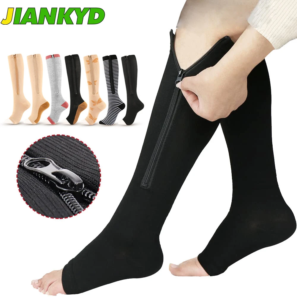 1Pair Zipper Compression Socks, Calf Knee High Open Toe Compression