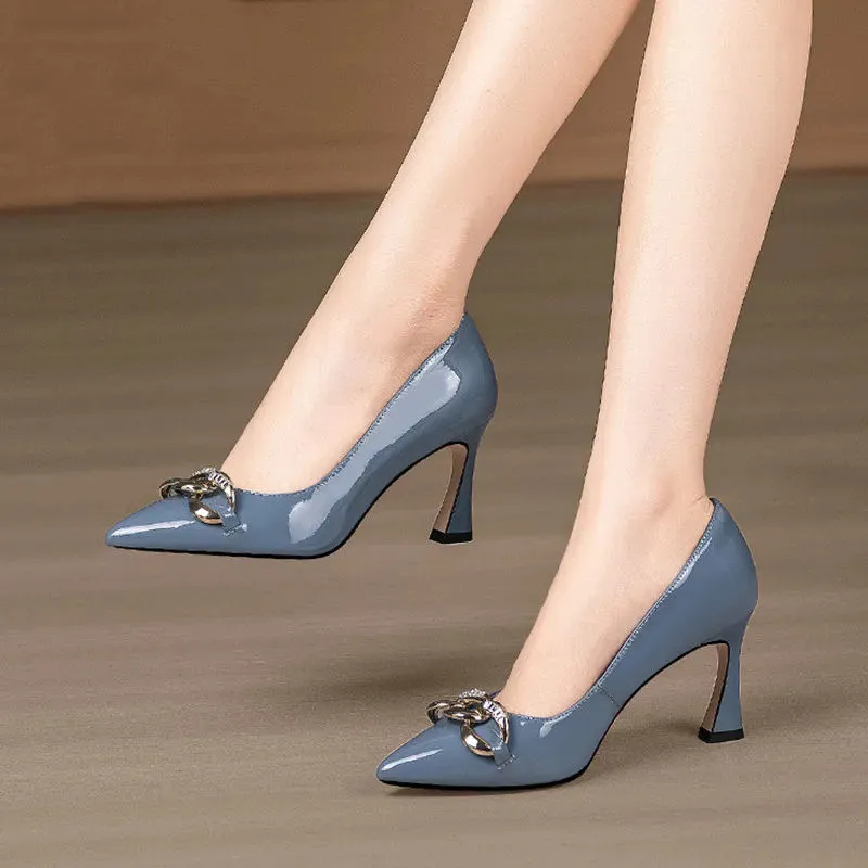 

Lady Fashion Sweet Sky Blue High Quality Real Leather High Heel Shoes Women Casual Party Black Shoes Zapatos De Mujer C328