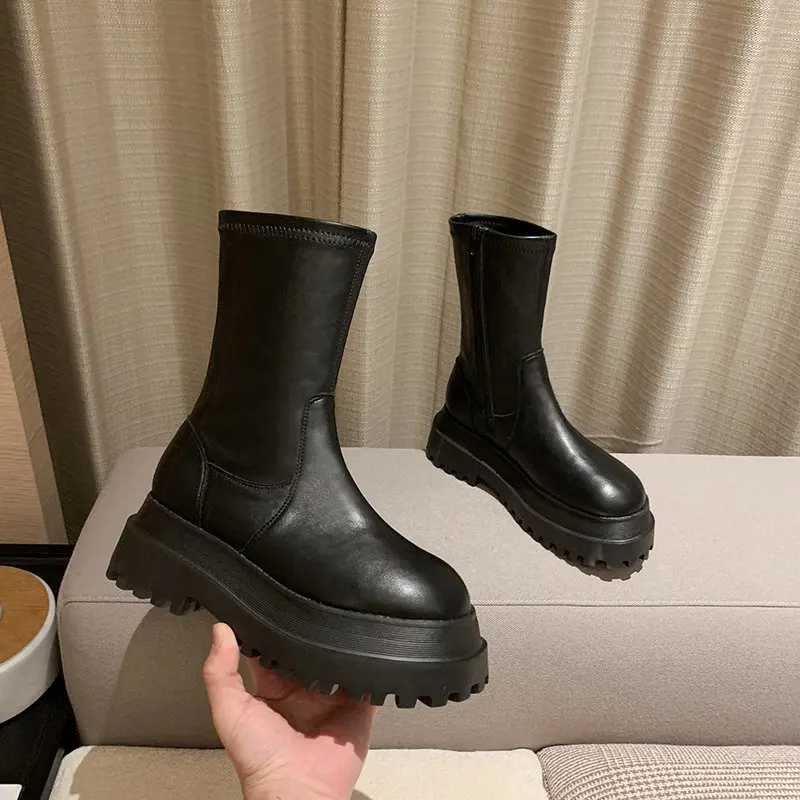 New short boots Ladies Thick Soles knee high Chelsea Non-slip zip Women shoe PU Leather Women's designer | Обувь