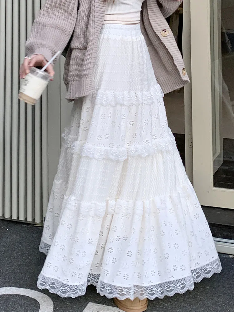 White Long Skirt Women Korean Fashion Hollow Out Lace Skirts