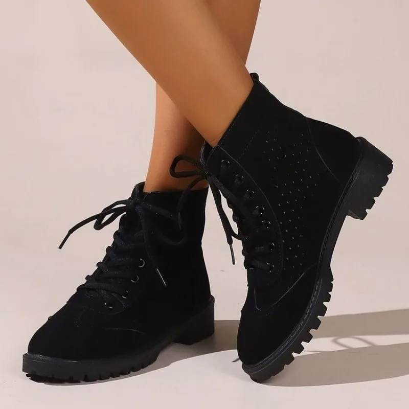 2023 Winter Casual Shoes for Female Front Lace-up Women's Ankle Boots Square Heel Low Heel Women's Shoes Plus Size Ladies Boots