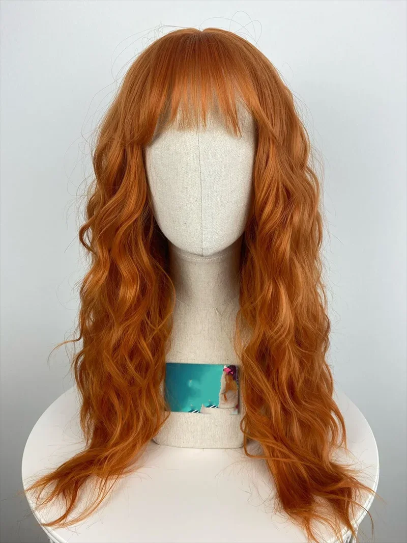 

Natural Soft 26" Long Orange Body Wave Machine Wig With Bangs For Black Women High Temperature Soul Lady Wigs Glueless Daily Wig