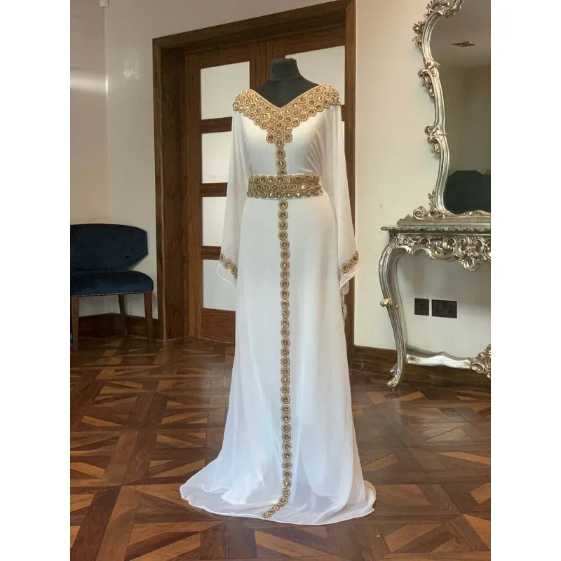 

White African Dress Flower Abaya Dubai Formal Beaded Dubai Long Shirt European and American Fashion Trends