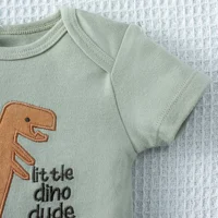 3PCS Summer Baby Bodysuit Three piece Set with Cartoon Dinosaur Pattern and Stripe Pattern Button Design for 0-9 Months Old Boys 3