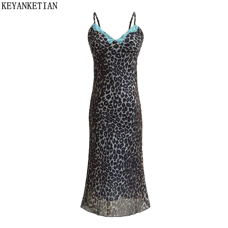 

KEYANKETIAN 2024 New Launch Women's Embroidery Decoration Leopard Print Halter Dress Sexy Vintage Mesh Tight Hip Wrap MIDI Dress