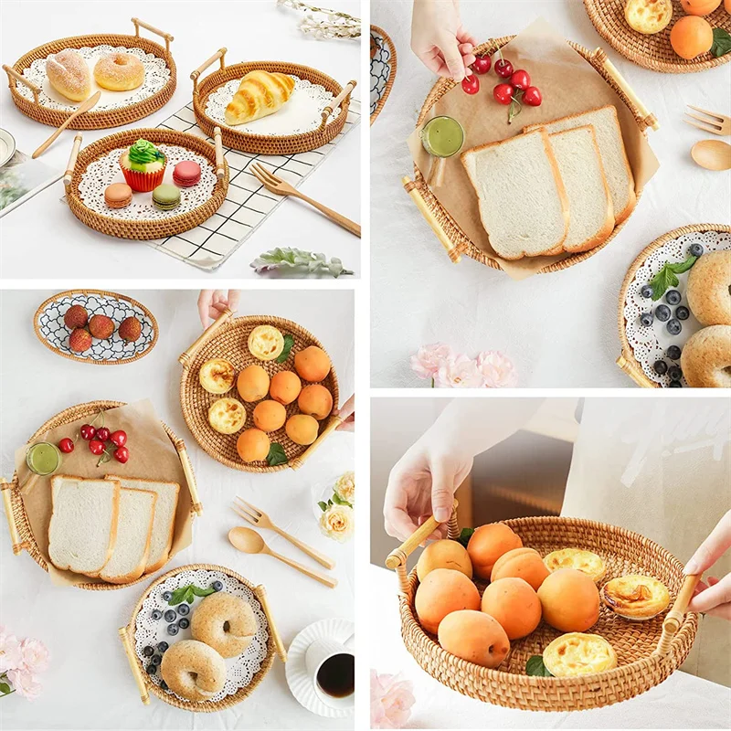 Handwoven Rattan Storage Tray Basket With Wooden Handle Bread Basket Tray Fruit Wicker Tray Coffee Table Decorative Tray 6