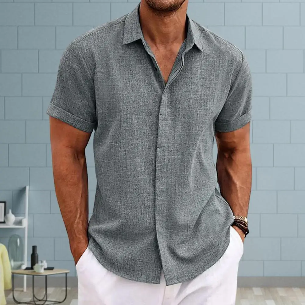 Short Sleeve Shirt Men's Casual Loose Fit Short Sleeve Lapel Shirt with Solid Color Buttons Placket Lightweight Summer for Male 5