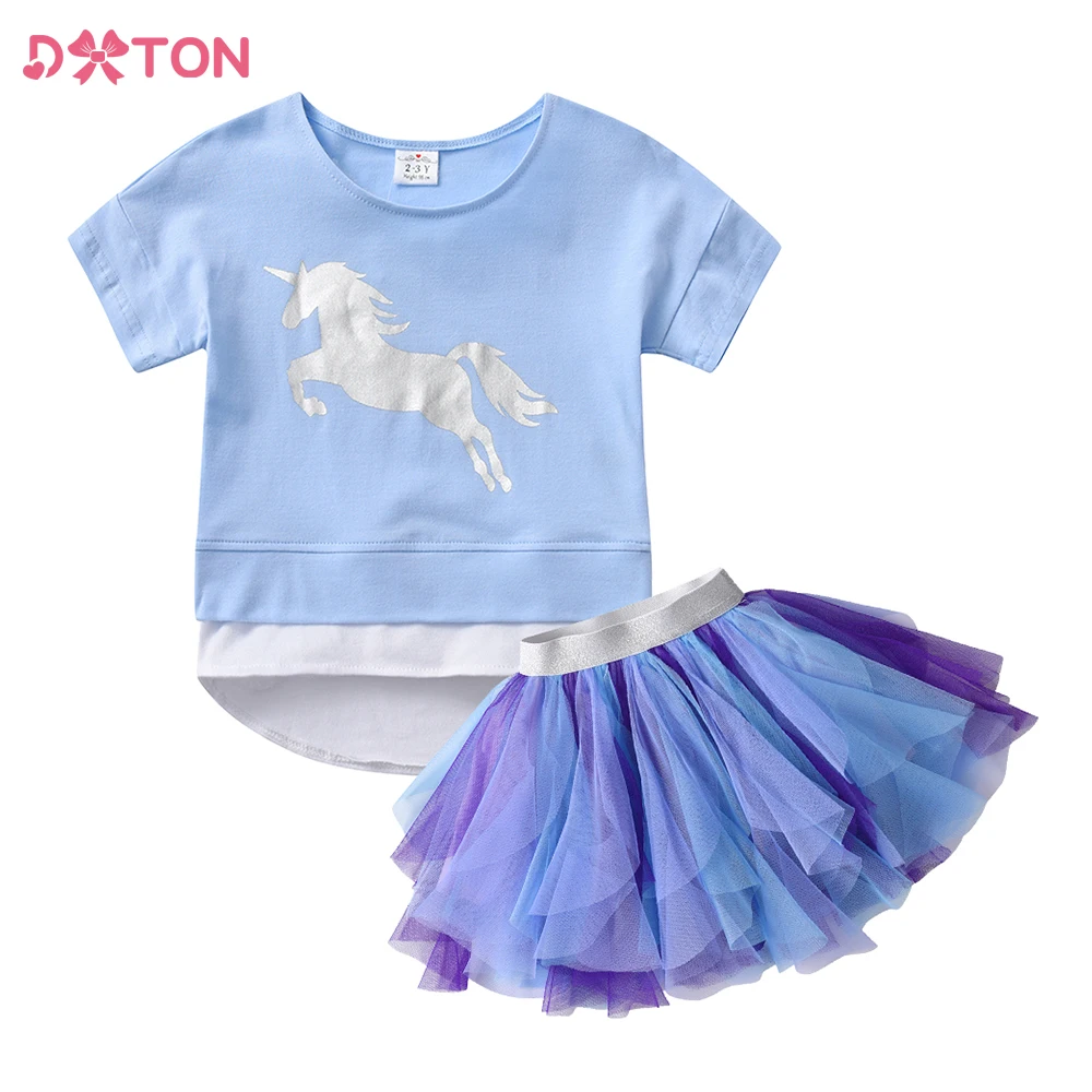 

DXTON Girls Clothing Set Summer Short Sleeve Unicorn Cartoon T Shirt and Layered Tulle Skirt Outfits 2 pcs Toddlers Kids Clothes